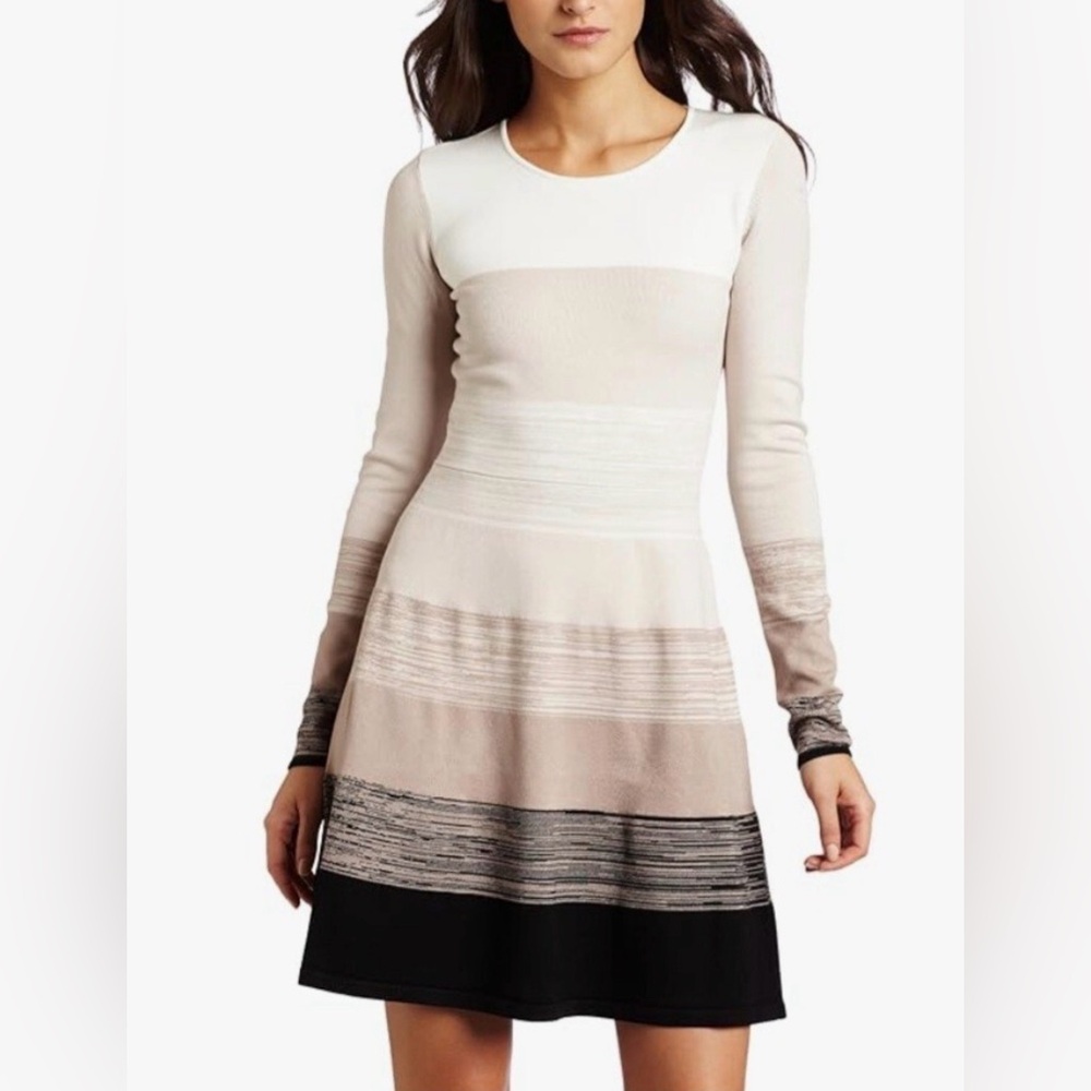 BCBGMaxAzria Women's Long Sleeve Colorblock Dress in Cream and Black